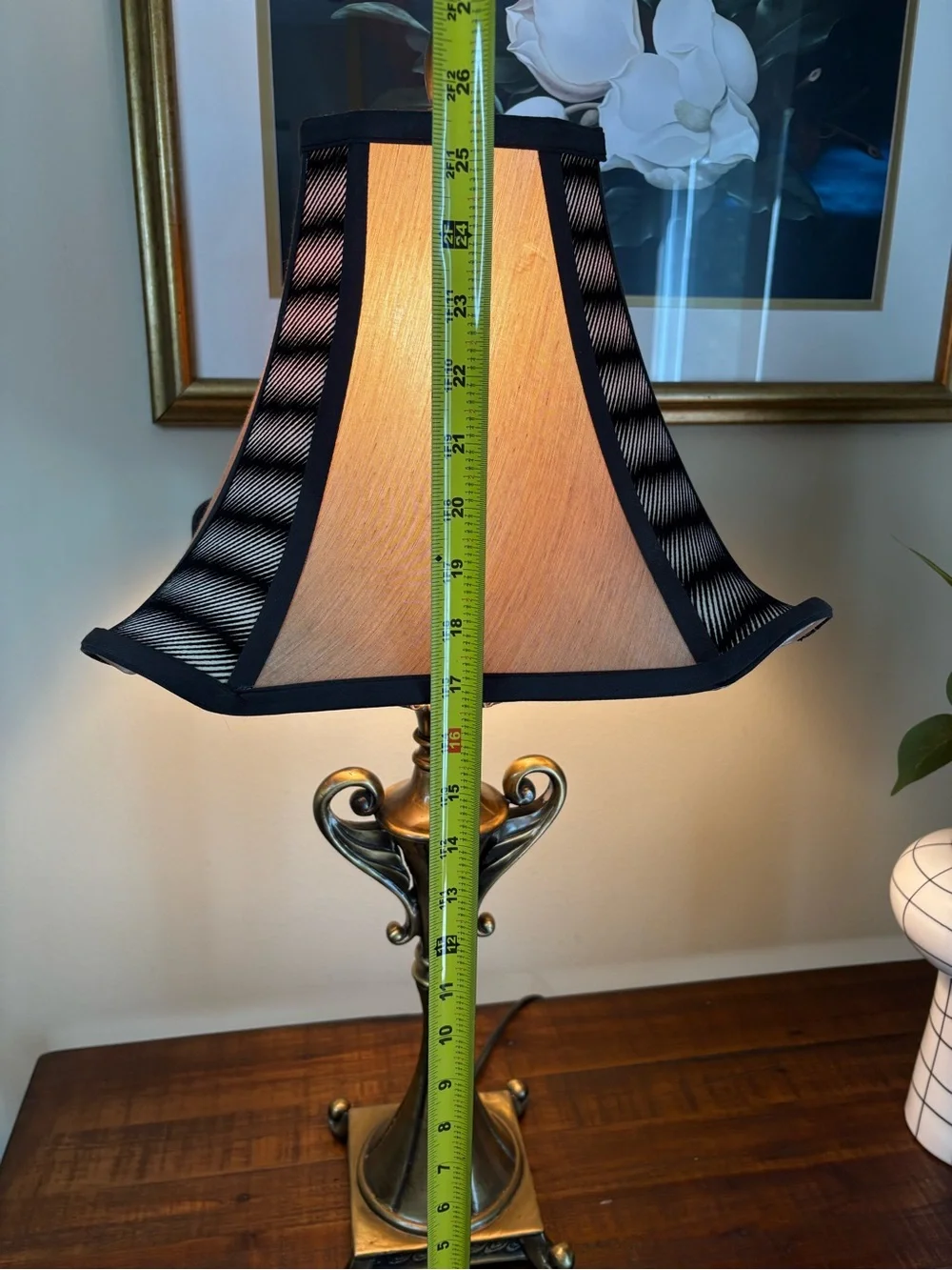 Vintage Lamp Featuring Brass Finish And Unique Geometric-Patterned Lamp Shade - Picture 16 of 16